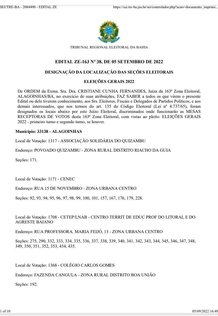 COMUNICADO TRE-BA:EDITAL ZE-163,N.38,DE 05 DE Setembro de 2022