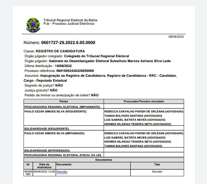 Candidatura  de Paulo Cezar Simões Silva foi deferida pelo TRE-BA