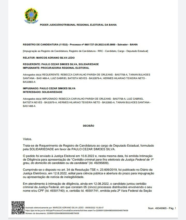 Candidatura  de Paulo Cezar Simões Silva foi deferida pelo TRE-BA
