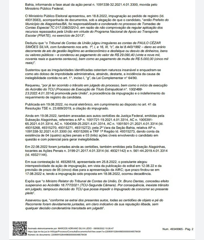 Candidatura  de Paulo Cezar Simões Silva foi deferida pelo TRE-BA
