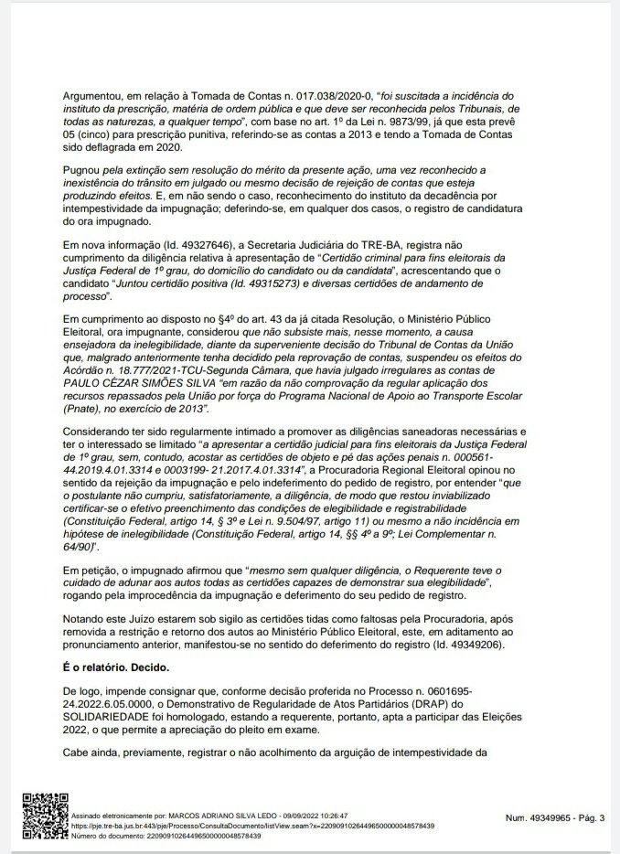 Candidatura  de Paulo Cezar Simões Silva foi deferida pelo TRE-BA
