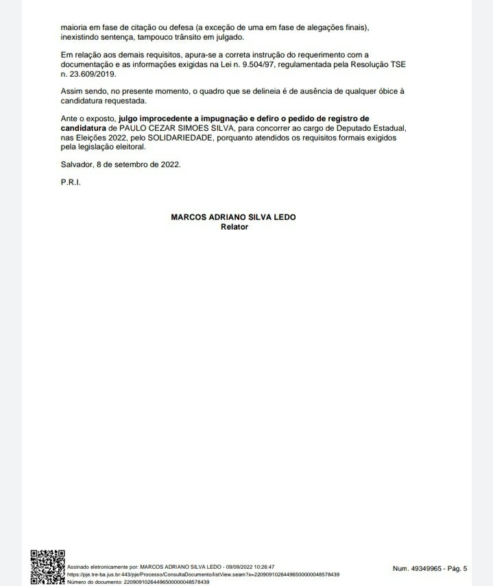 Candidatura  de Paulo Cezar Simões Silva foi deferida pelo TRE-BA